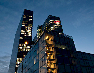 Fujitsu logo at the Highlight Towers in Munich
