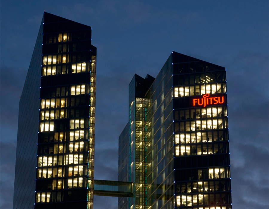 Fujitsu logo at the Highlight Towers in Munich